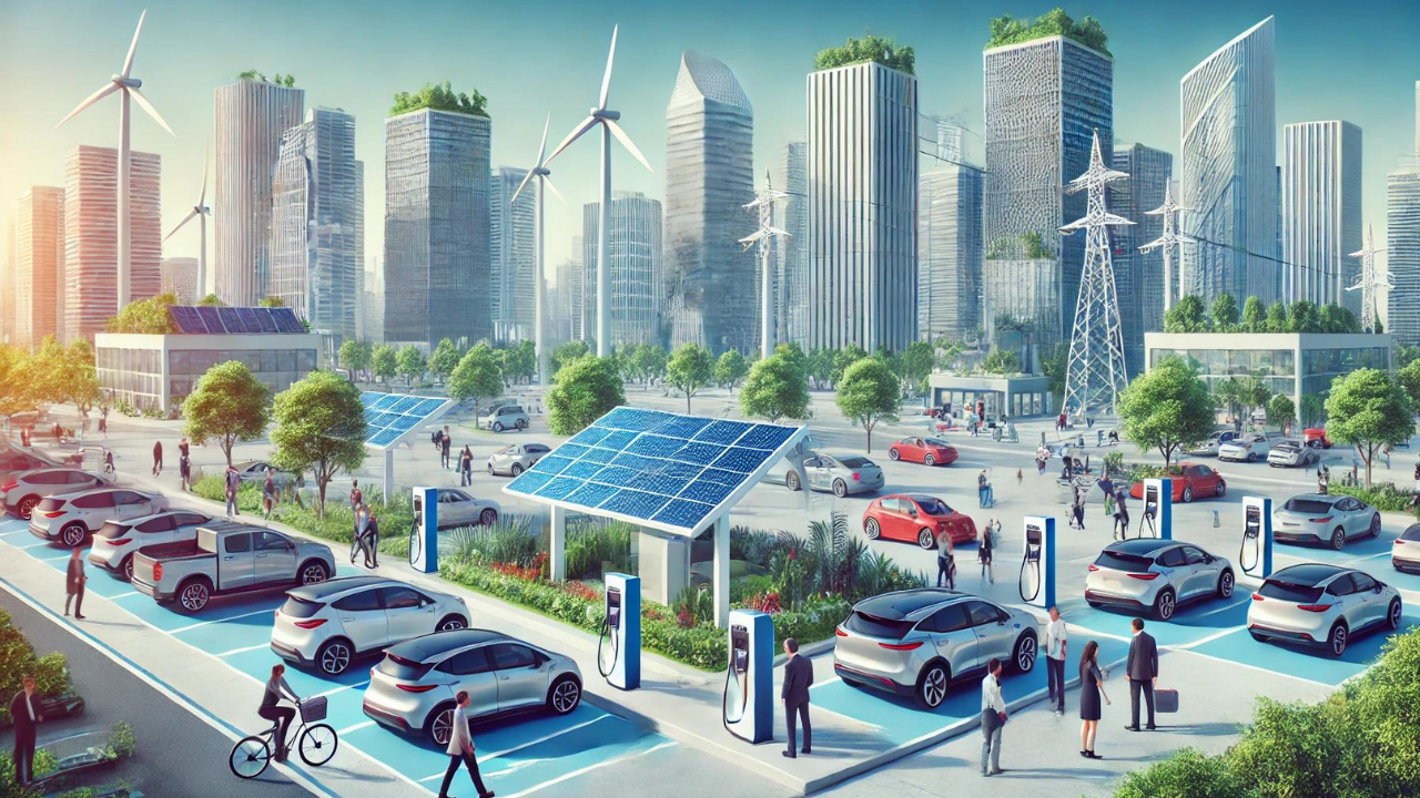 City skyline with sustainable energy and electric vehicles concept